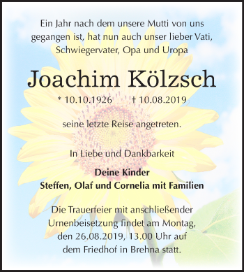 Traueranzeige von Joachim Kölzsch von Mitteldeutsche Zeitung Bitterfeld