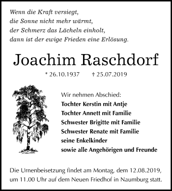 Traueranzeige von Joachim Raschdorf von Mitteldeutsche Zeitung Weißenfels / Naumburg/Nebra
