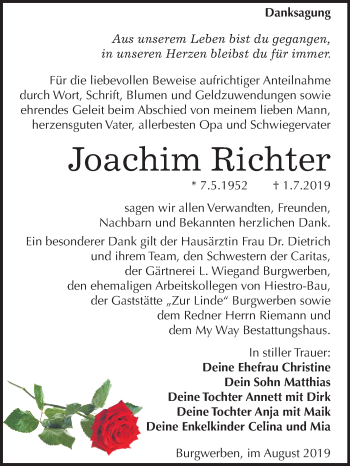 Traueranzeige von Joachim Richter von Mitteldeutsche Zeitung Weißenfels