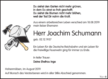 Traueranzeige von Joachim Schumann von Wochenspiegel Weißenfels