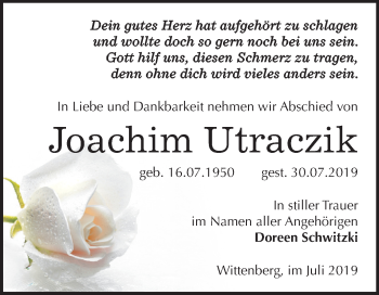 Traueranzeige von Joachim Utraczik von Super Sonntag Wittenberg