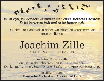 Traueranzeige von Joachim Zille von Super Sonntag Dessau-Roßlau
