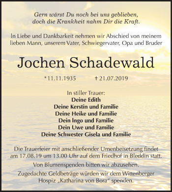 Traueranzeige von Jochen Schadewald von Super Sonntag Wittenberg