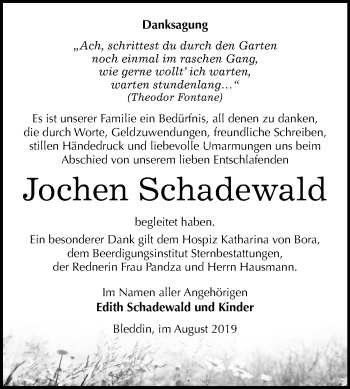 Traueranzeige von Jochen Schadewald von Super Sonntag Wittenberg