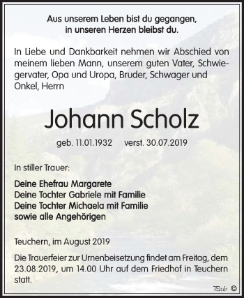 Traueranzeige von Johann Scholz von Mitteldeutsche Zeitung Weißenfels