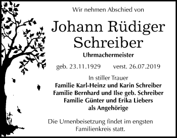 Traueranzeige von Johann Rüdiger Schreiber von Wochenspiegel Bitterfeld