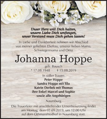 Traueranzeige von Johanna Hoppe von Wochenspiegel Naumburg/Nebra