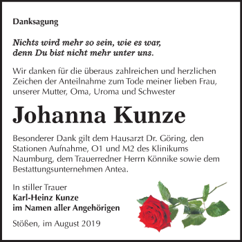 Traueranzeige von Johanna Kunze von Mitteldeutsche Zeitung Weißenfels