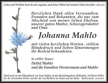 Traueranzeige von Johanna Mahlo von Mitteldeutsche Zeitung Quedlinburg