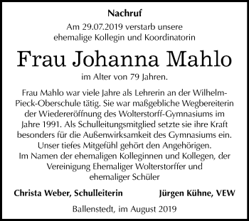 Traueranzeige von Johanna Mahlo von Super Sonntag Quedlinburg