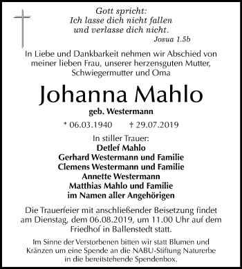 Traueranzeige von Johanna Mahlo von Super Sonntag Quedlinburg