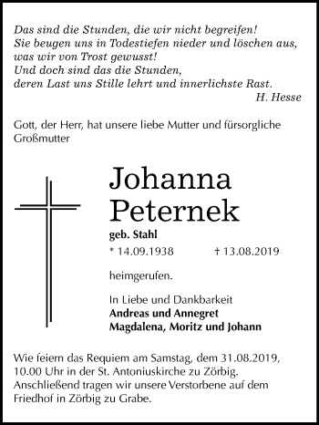 Traueranzeige von Johanna Peternek von Mitteldeutsche Zeitung Bitterfeld