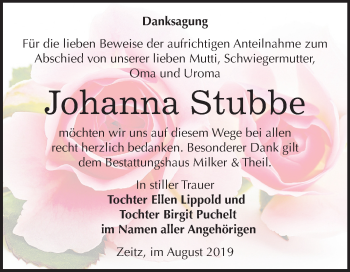 Traueranzeige von Johanna Stubbe von Super Sonntag Zeitz