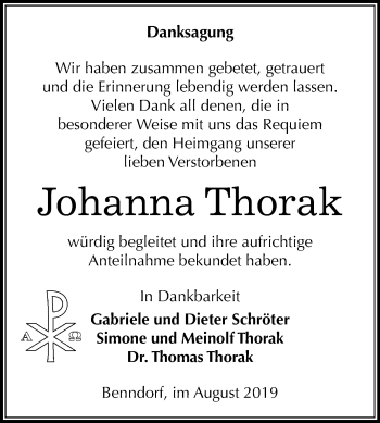 Traueranzeige von Johanna Thorak von Wochenspiegel Mansfelder Land