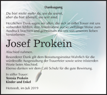 Traueranzeige von Josef Prokein von Super Sonntag Mansfelder Land