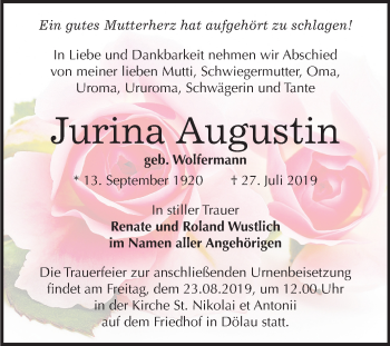 Traueranzeige von Jurina Augustin von Mitteldeutsche Zeitung Halle/Saalkreis