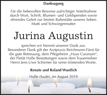 Traueranzeige von Jurina Augustin von Mitteldeutsche Zeitung Halle/Saalkreis
