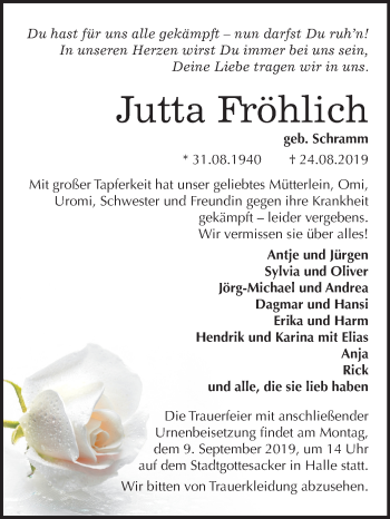 Traueranzeige von Jutta Fröhlich von Mitteldeutsche Zeitung Halle/Saalkreis