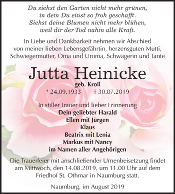 Traueranzeige von Jutta Heinicke von Wochenspiegel Naumburg/Nebra