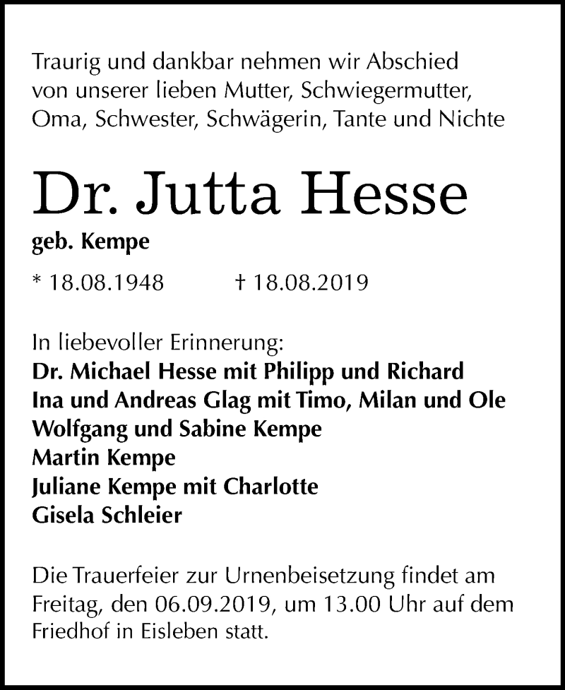  Traueranzeige für Jutta Hesse vom 28.08.2019 aus Wochenspiegel Mansfelder Land