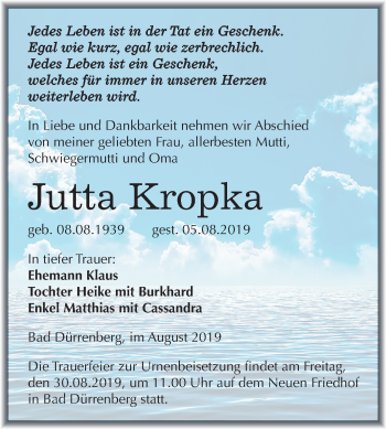 Traueranzeige von Jutta Kropka von Mitteldeutsche Zeitung Merseburg/Querfurt