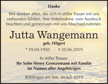 Traueranzeige von Jutta Wangemann von Super Sonntag Mansfelder Land