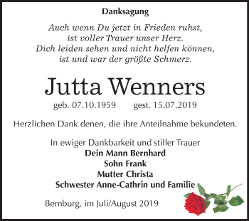 Traueranzeige von Jutta Wenners von Super Sonntag Bernburg