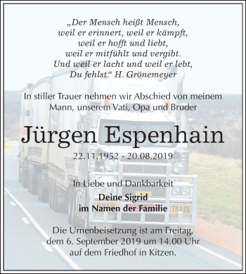 Traueranzeige von Jürgen Espenhain von Mitteldeutsche Zeitung Weißenfels
