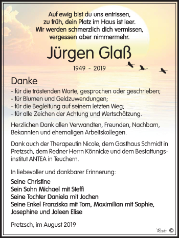 Traueranzeige von Jürgen Glaß von Wochenspiegel Weißenfels