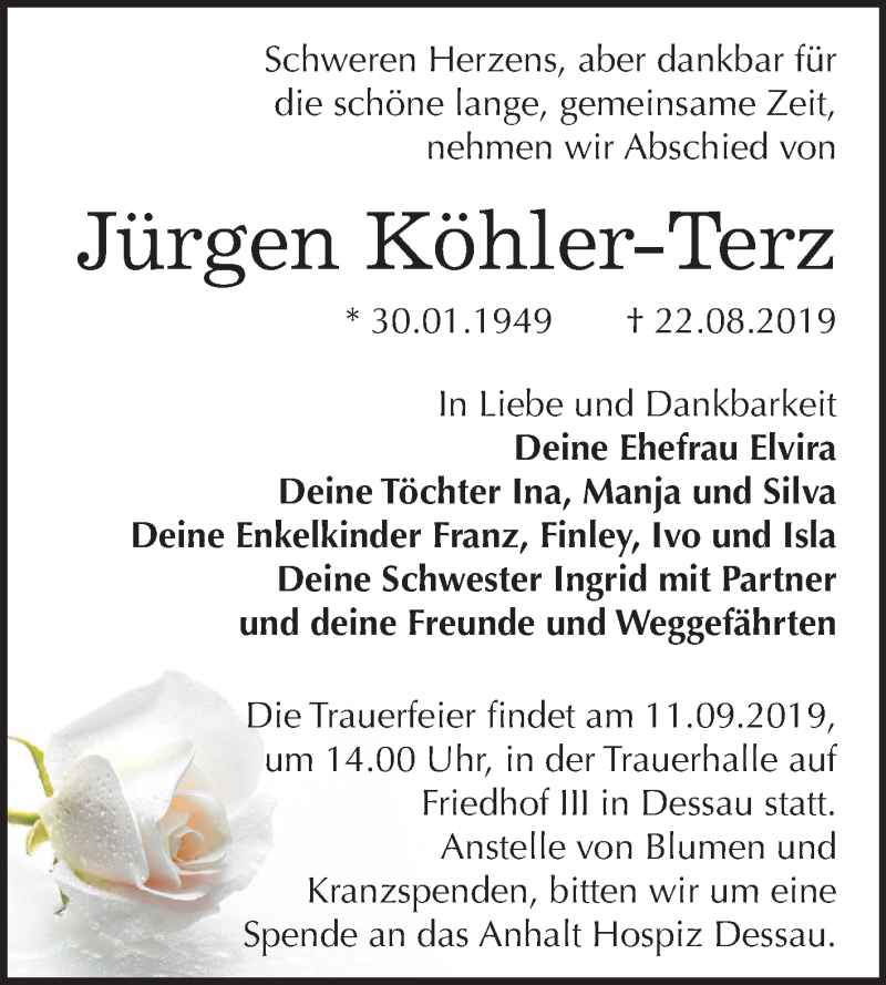  Traueranzeige für Jürgen Köhler-Terz vom 31.08.2019 aus Super Sonntag Dessau-Roßlau