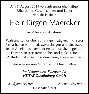 Traueranzeige von Jürgen Maercker von Mitteldeutsche Zeitung Quedlinburg
