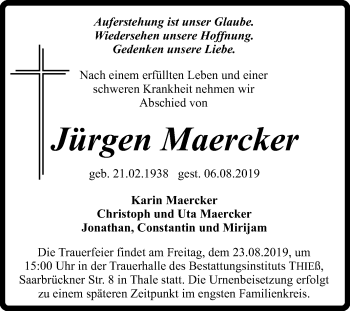 Traueranzeige von Jürgen Maercker von Mitteldeutsche Zeitung Aschersleben / Quedlinburg