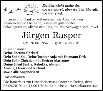 Traueranzeige von Jürgen Rasper von Mitteldeutsche Zeitung Naumburg/Nebra