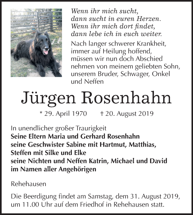  Traueranzeige für Jürgen Rosenhahn vom 28.08.2019 aus Wochenspiegel Naumburg/Nebra