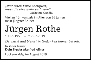 Traueranzeige von Jürgen Rothe von Mitteldeutsche Zeitung Dessau-Roßlau