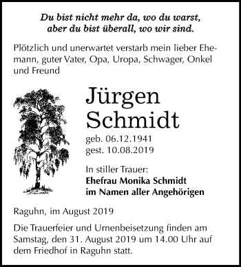 Traueranzeige von Jürgen Schmidt von Mitteldeutsche Zeitung Bitterfeld