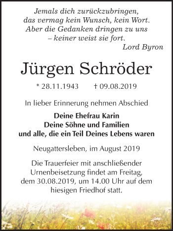 Traueranzeige von Jürgen Schröder von Super Sonntag Bernburg