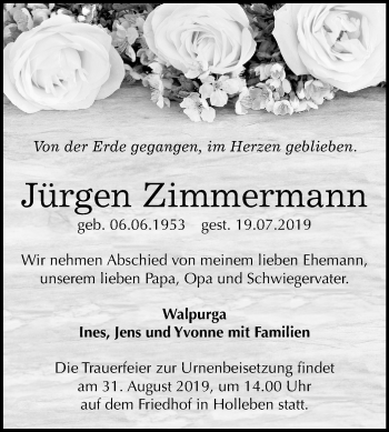 Traueranzeige von Jürgen Zimmermann von Mitteldeutsche Zeitung Merseburg/Querfurt