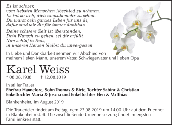 Traueranzeige von Karel Weiss von Super Sonntag Sangerhausen