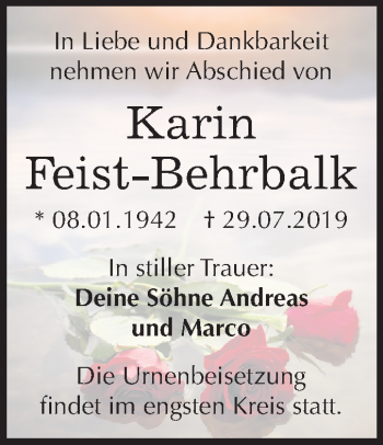 Traueranzeige von Karin Feist-Behrbalk von Mitteldeutsche Zeitung Merseburg/Querfurt
