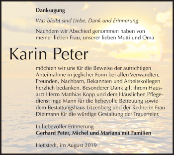 Traueranzeige von Karin Peter von Super Sonntag Mansfelder Land