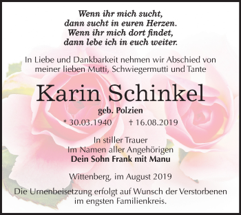 Traueranzeige von Karin Schinkel von Super Sonntag Wittenberg