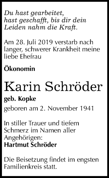 Traueranzeige von Karin Schröder von Mitteldeutsche Zeitung Halle/Saalkreis