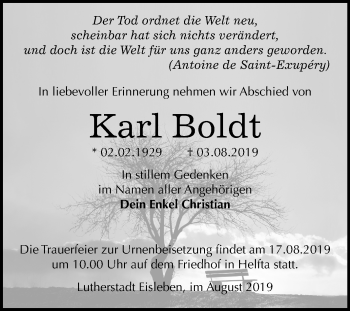 Traueranzeige von Karl Boldt von Wochenspiegel Mansfelder Land