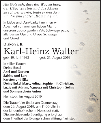 Traueranzeige von Karl-Heinz Walter von Wochenspiegel Quedlinburg