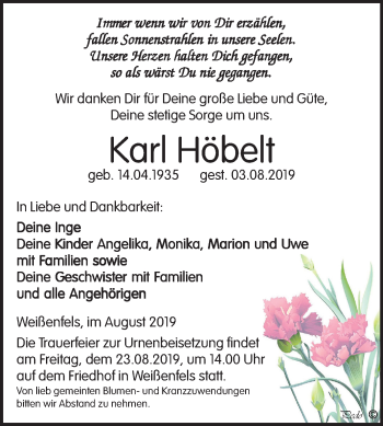 Traueranzeige von Karl Höbelt von Wochenspiegel Weißenfels