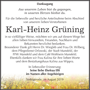 Traueranzeige von Karl Heinz Grüning von Super Sonntag Mansfelder Land