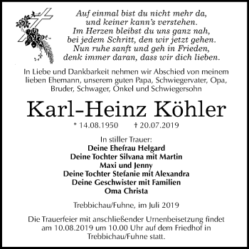 Traueranzeige von Karl Heinz Köhler von Super Sonntag Köthen