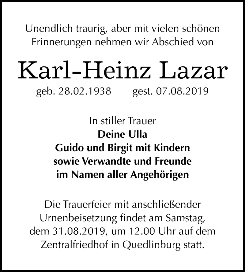  Traueranzeige für Karl Heinz Lazar vom 10.08.2019 aus Mitteldeutsche Zeitung Quedlinburg