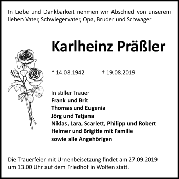 Traueranzeige von Karlheinz Präßler von Mitteldeutsche Zeitung Bitterfeld